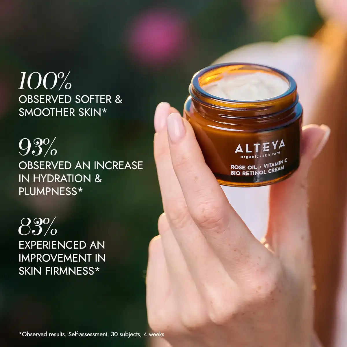 Hand holding a jar of Alteya cream with skin benefits text on a blurred natural background