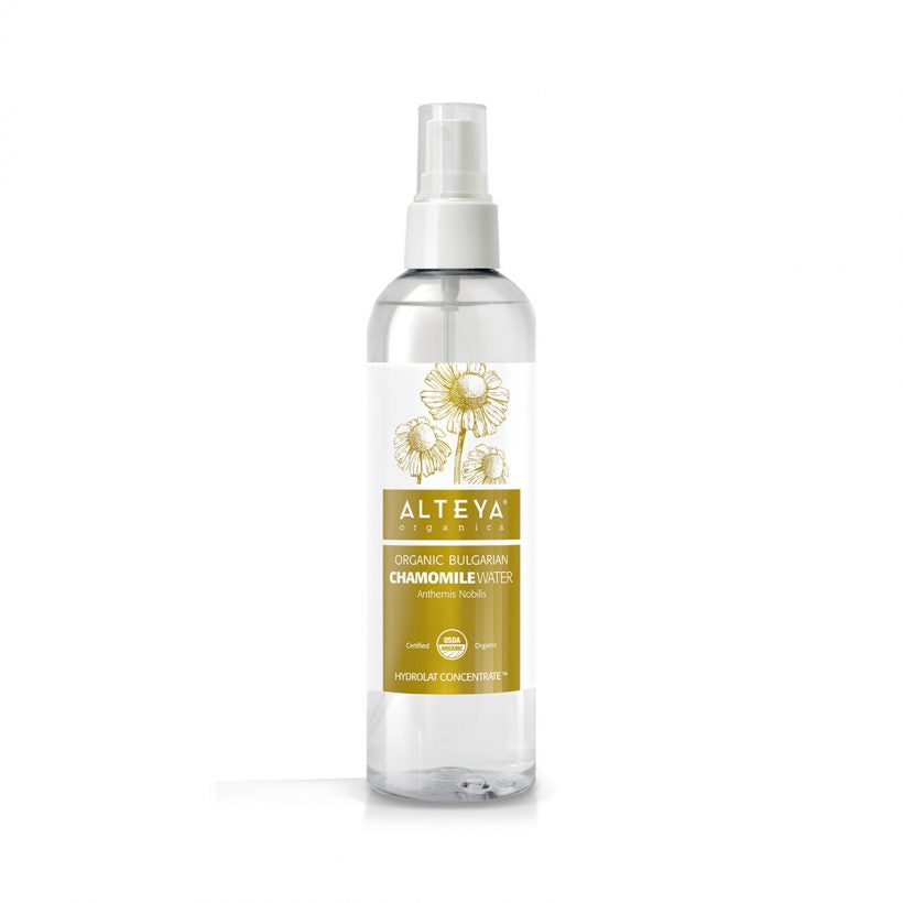 Alteya’s 100% pure Chamomile Flower Water is obtained by steam distillation of fresh, organic Chamomile flowers. This very gentle flower water helps awaken and tone dull skin. It is also useful for troublesome skin and helps against skin irritation and inflammation. Its pleasant, fresh, lemony scent uplifts the spirits and revitalizes the mind.