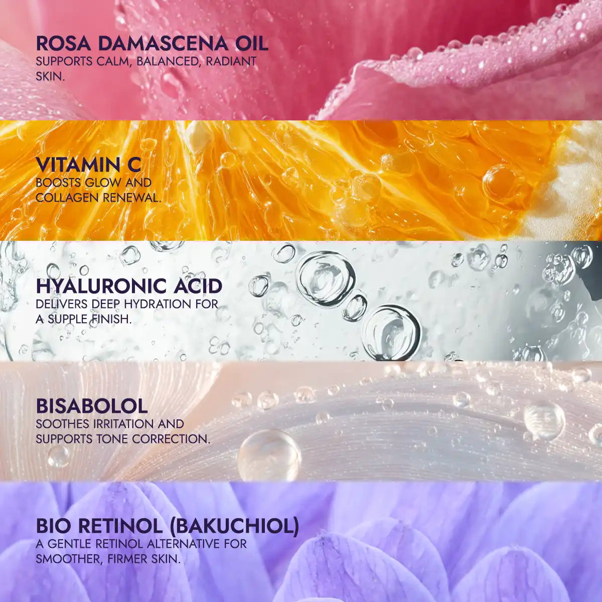 Key Ingredients for luminous rose, rose oil and vitamin c bio retinol cream