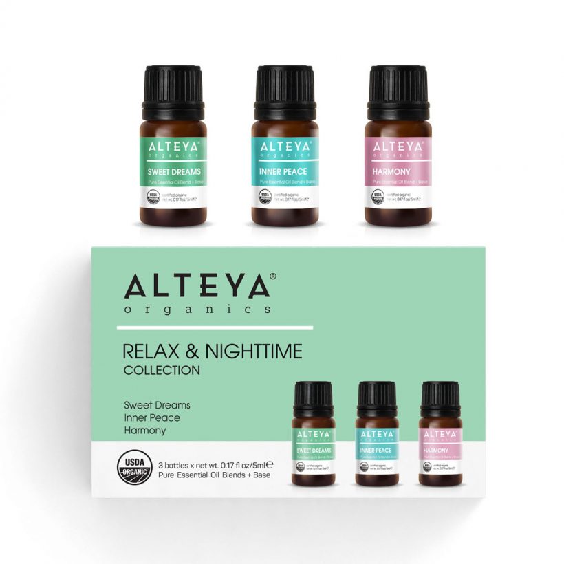 Organic-Essential-Oils-Relax-and-Nighttime-set-Alteya-Organics - Sweet Dreams blend has a soothing floral aroma and contains Lavender, Ylang-Ylang, and Bergamot essential oils. Inner Peace is a powerful relaxing and recharging blend and contains Lavender, Grapefruit, Bergamot, Peppermint and May Chang essential oils. Harmony is a special grounding blend – a unique combination of Lavender, Grapefruit, Lemon, and Patchouli essential oils.