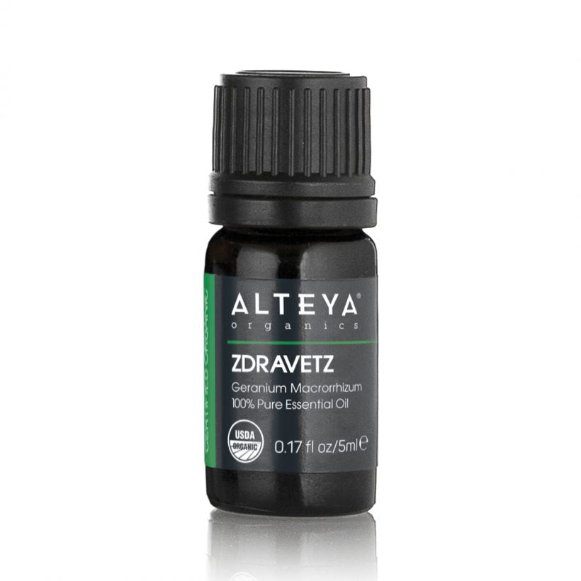 Zdravetz essential oil is obtained through steam distillation of the Geranium Macrorhizum plant. Zdravetz is a small, perennial plant (in the geranium family) which grows on rocky soil at high and medium altitudes in Bulgaria. The word ‘zdravetz’ means ‘health’ in Bulgarian and this herb has a lot of traditional medicinal and symbolic use in Bulgarian culture.