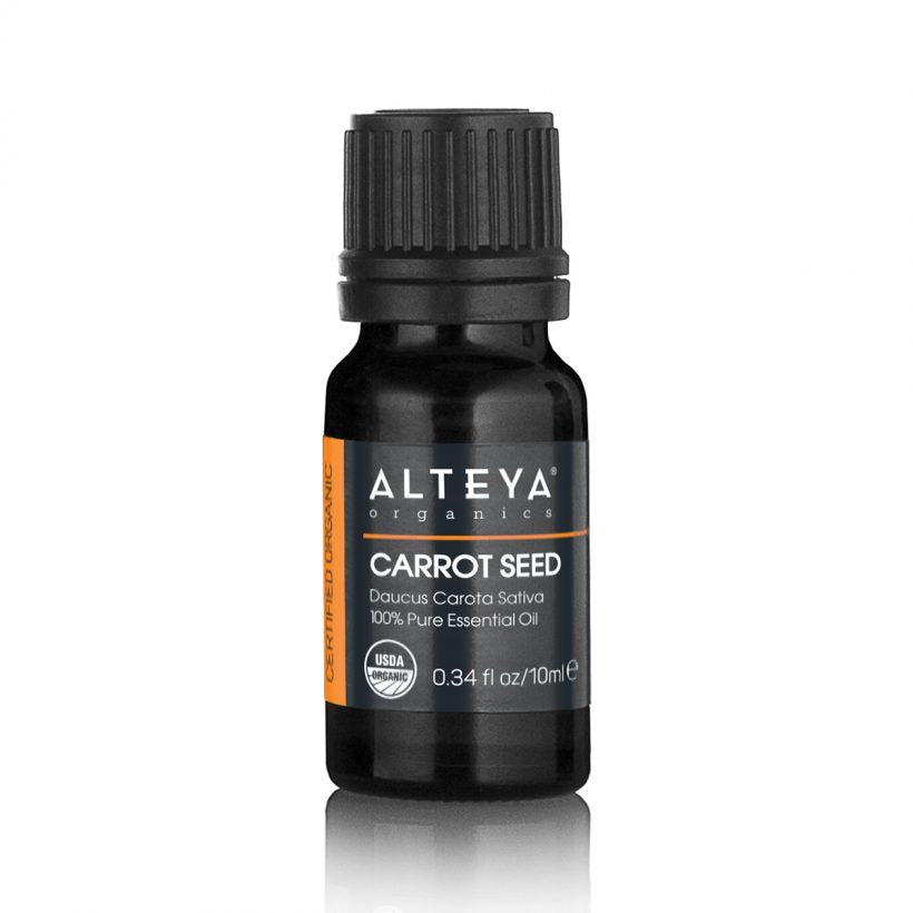 Organic-Essential-Oils-Carrot-Seed-Oil-5ml-alteya-organics - Apart from its components like alpha pinene, beta pinene, gamma-terpinene, limonene, camphene, sabinene, myrcene, beta bisabolene, carotol, and geranyl acetate, carrot seed oil is also rich in carotene and vitamin A, both of which are effective antioxidants.