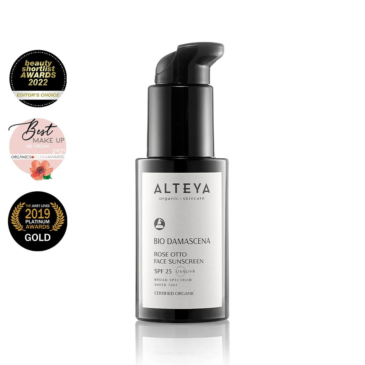 Skin-Care-Organic-Rose-Otto-Face-Sunscreen-Cream-Bio-Damascena-SPF25-Alteya-Organics - This luxurious day face lotion, enriched with pure Bulgarian Rose Otto, provides reliable broad-spectrum sun protection without leaving a chalky finish. The lightweight face sunscreen hydrates and soothes skin while fighting the appearance of visible signs of aging.