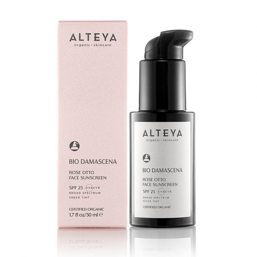 Skin-Care-Organic-Rose-Otto-Face-Sunscreen-Cream-Bio-Damascena-SPF25-Alteya-Organics - A potent extract of Crystalized Tears of Chios supports youthful, radiant complexion and reduces the appearance of fine lines and wrinkles, while Acai and Sea buckthorn extracts offer a rich source of antioxidants to protect and soothe skin, leaving it moist and glowing. The unique mineral sunscreen formula is suitable for everyday use and can be worn under makeup.