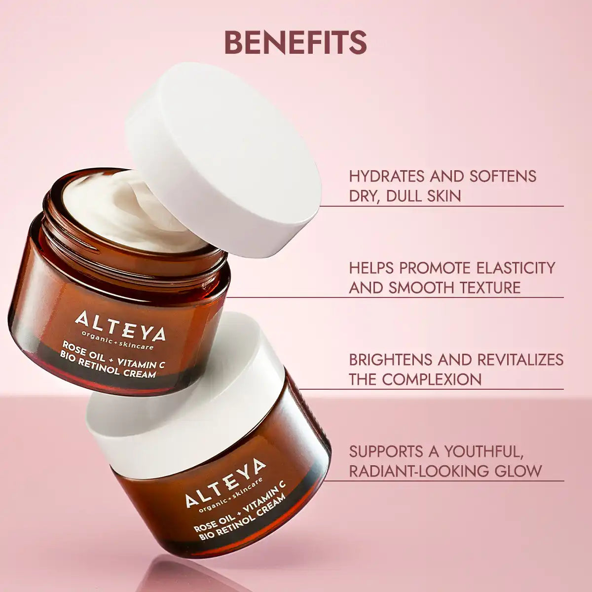 Benefits for luminous rose, rose oil and vitamin c bio retinol cream