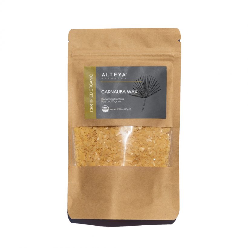 Organic Carnauba wax is extracted from the leaves of the Copernicia Prunifera palm tree. The wax has a higher melting point than beeswax and is often used as a complementary ingredient in skin care product formulations. Creates a glossy and gentle film on the skin and softens it. A widely used product in making lipsticks, lip balms, mascaras and more.