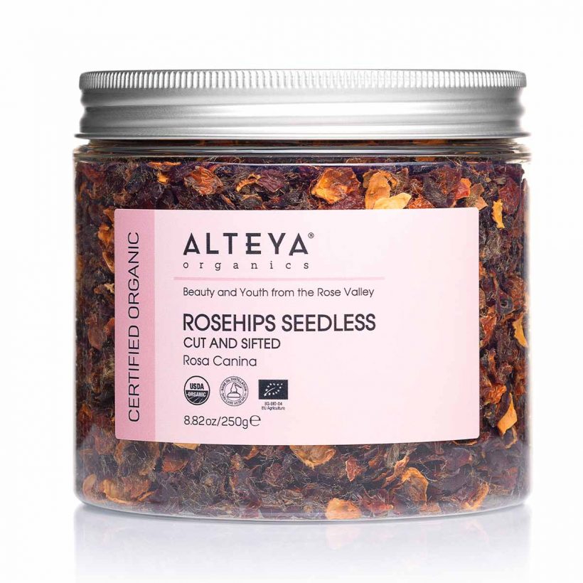 Our certified organic seedless rosehips are dried, cut and sifted. They are ideal for making hot or cold infusions and carry the typical tart, slightly acidic, fresh and memorable taste. Adding dried rosehips to your diet will not only provoke your sense of taste but would also aid in your overall wellness. These small fruits contain high amount of vitamin C, A, B-3 and D as well as flavonoids, minerals, malic and citric acid.