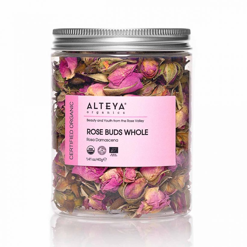 Our organic Whole Rose Buds have gentle, refreshing and sweet aroma. They make mild, balanced, lightly sweet herbal tea, with smooth floral aroma. Rose bud tea is rich in Vitamin C, B, K, polyphenols and essential antioxidants that help achieve healthy looking skin and more youthful appearance. Rose bud tea is said to have overall cleansing and balancing effect on the body. It is also known to invoke feelings of joy and happiness and set a romantic mood.