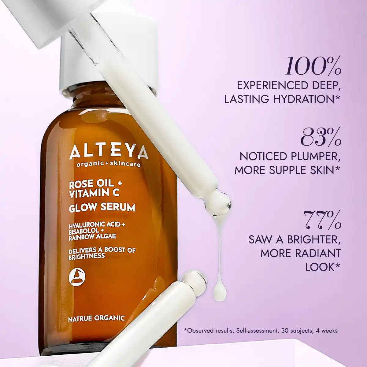 Alteya Rose Oil + Vitamin C Glow Serum with dropper on a light purple background