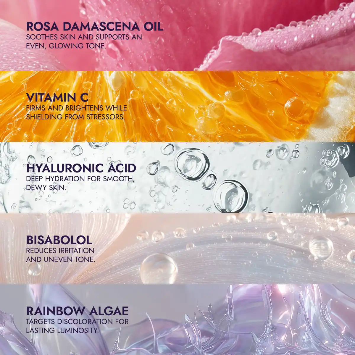 ingredients for luminous rose, rose oil and vitamin c glow serum 