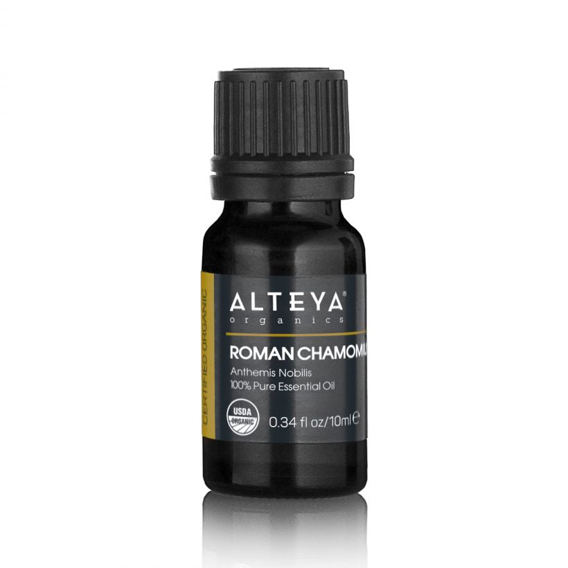 Organic-Essential-Oils-Chamomile-Roman-Oil-5ml-alteya-organics - Used topically Roman Chamomile essential oil has calming, regenerating and toning effect on the skin. The plant flavonoids that can be found in this oil promote improved skin tone and texture, reducing the appearance of aging. It is also famous for its soothing action on inflamed or irritated skin.