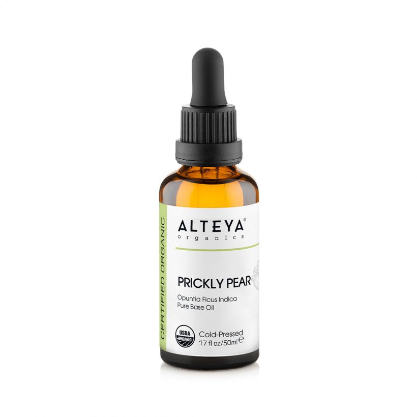 Organic-carrier-oils-organic-Prickly-Pear-oil-50ml-alteya-organics - This precious oil is exceptionally high in linoleic fatty acid, supporting proper ceramide synthesis, which makes is useful in formulations intended to support fragile, dry, and maturing skin. It is super nourishing but light enough to leave skin looking youthful and velvety smooth. It absorbs fast into skin softening the appearance of fine lines and wrinkles.