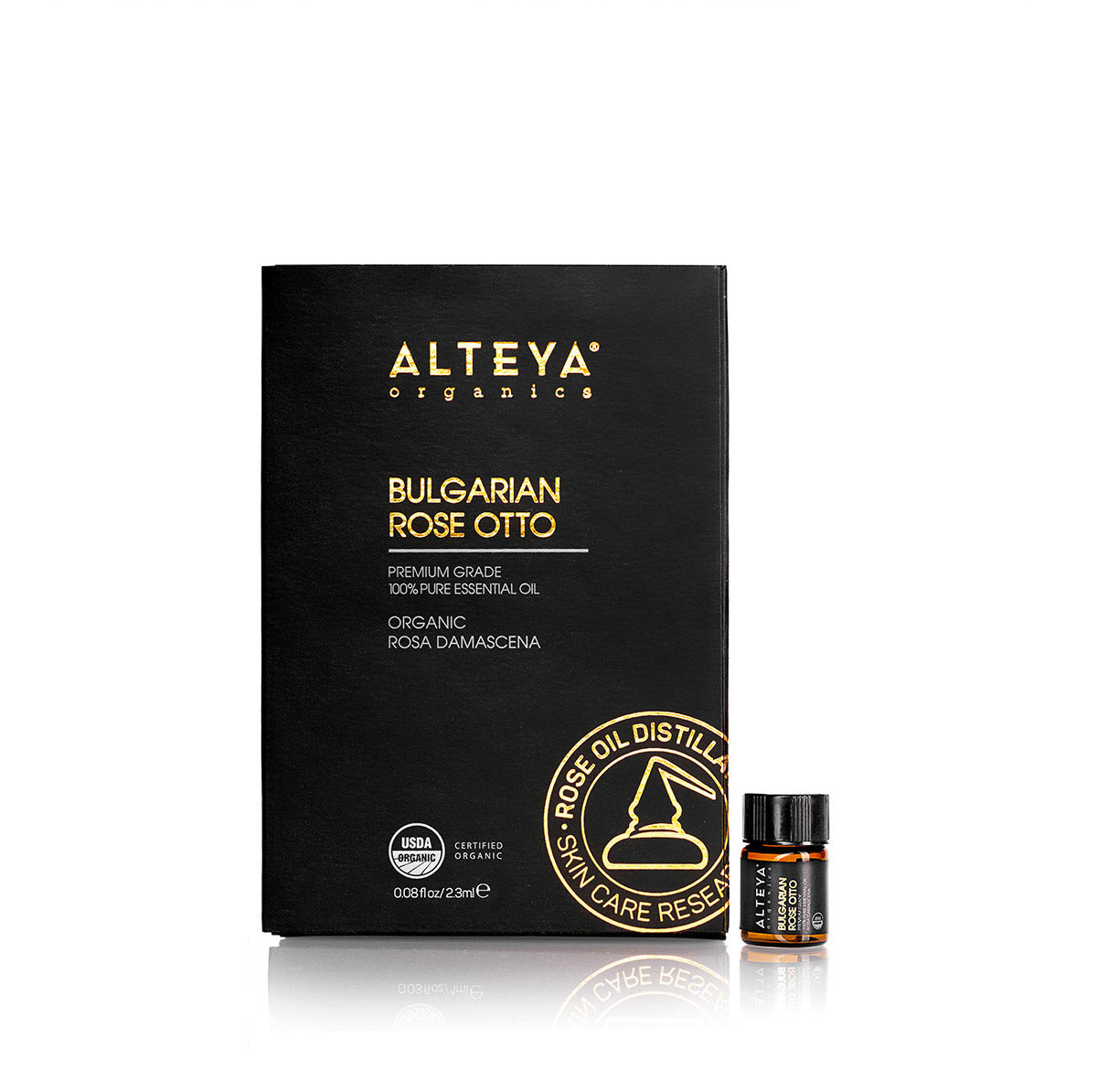Alteya’s steam-distilled USDA certified organic Bulgarian Rose Oil-Rose Otto, a 100% pure, natural oil that does not contain any pesticide or herbicide residues.