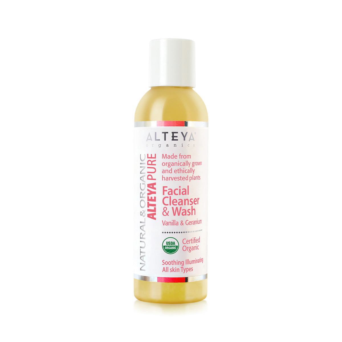 Gentle and Organic, Alteya’s Vanilla &amp; Geranium Facial Cleanser enriched with pure essential oils to gently and effectively clean skin from everyday impurities, make up, and excess oils. Skin looks and feels fresh, soft and healthy. The sensual Vanilla and Geranium soothe and calm skin and help improve skin’s tone and texture.