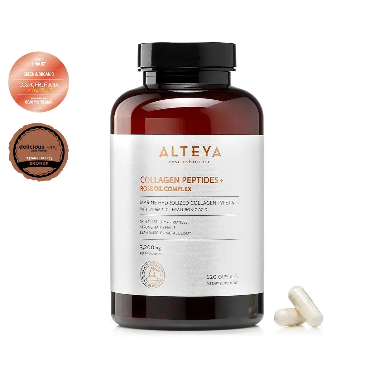 COLLAGEN PEPTIDES + ROSE OIL COMPLEX DIETARY SUPPLEMENT MARINE HYDROLIZED COLLAGEN TYPE I & III WITH VITAMIN C + HYALURONIC ACID