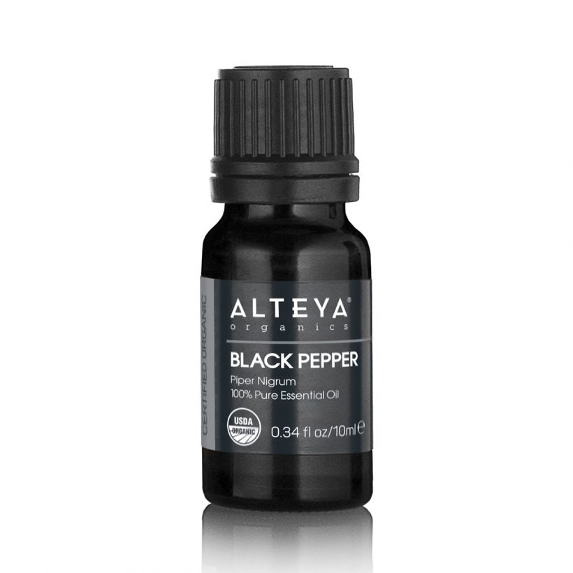 Black pepper oil has a warming effect, boosts blood circulation, thus it can help relieve muscle and rheumatic pain applied through massage.  The oil contains antioxidants that protect against damage caused by free radicals, making it suitable for aging skin care.