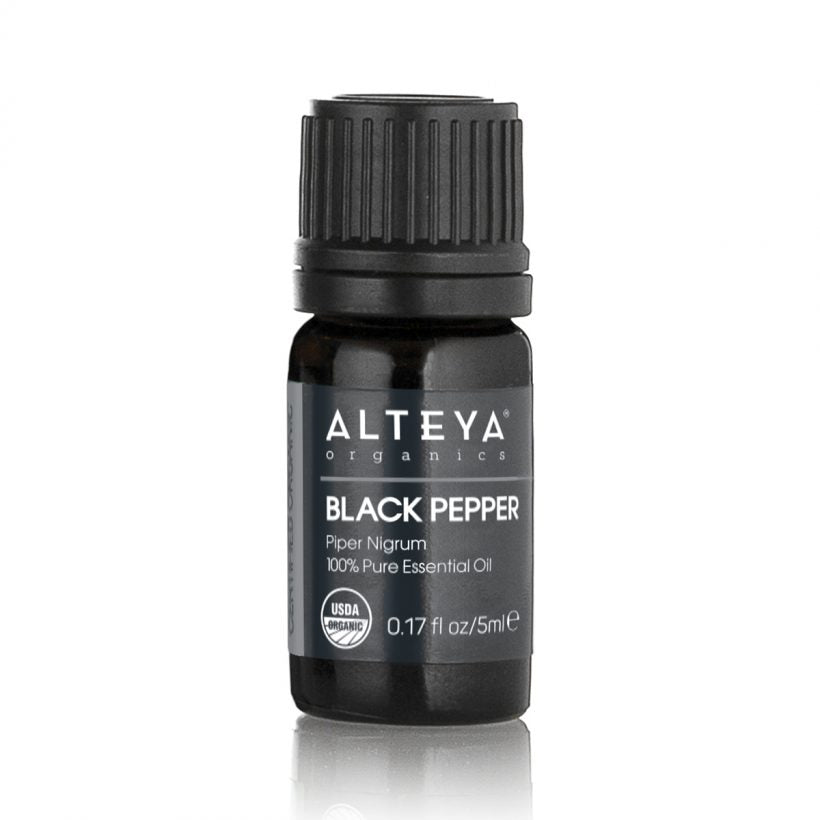 Black pepper essential oil is obtained by steam distillation of the fruit of the plant Piper Nigrum. The oil has a dry, woody, sharp, spicy aroma. The color is clear to pale yellow.  Black pepper oil is known as a powerful stimulant in the absence of appetite. It helps the proper functioning of the digestive tract, and is often used to alleviate the symptoms of flatulence and nausea.
