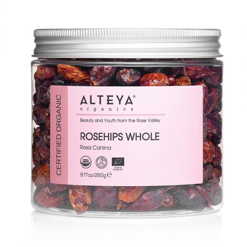 Caffeine free product. 100% organically- grown and hand-picked whole rose hips from cultivated Bulgarian rosehip fields.  The red rosehip fruits make wonderful tea which has specific fresh taste with a mild bitter note. The fruits are hand-picked from the rosehip bushes, also known as “wild roses”. During spring the bushes beautify everything around with their gentle flowers, while in the autumn they give us these small red fruits, packed with the summer sun’s energy and a combination of useful ingredients.