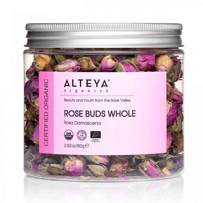 Organic Whole Rose Buds are 100% organically grown and hand-picked directly from Alteya’s family rose farm, located in the heart of the Bulgarian Rose Valley. The fresh rose buds are harvested when they are young, always before sunrise, to preserve the true complexity of the rose fragrance. The unique geographic and climatic location of our organic rose fields, makes our Rosa Damascena rare and precious, bursting with over 300 aromatic and beautifying constituents.
