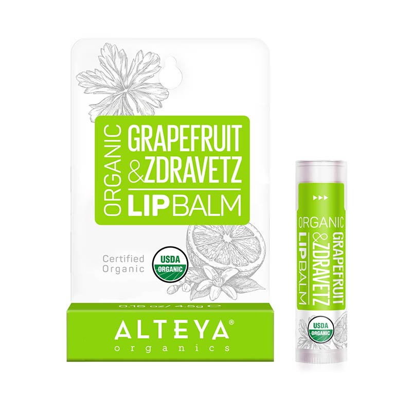 Alteya’s Organic Grapefruit Zdravetz Lip Balm is a natural remedy, rich in nutrients, that will help moisturize and soothe, swiping away dullness and dryness to reveal soft and healthy lips. It helps heal and repair dry, chapped or cracked skin damaged by harsh environment.
