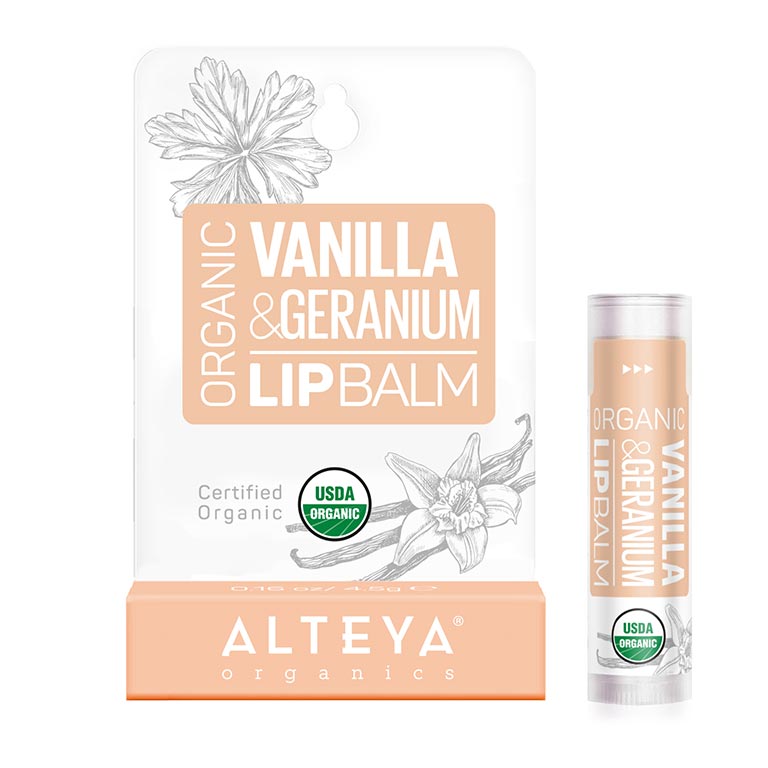 Alteya’s Organic Vanilla Geranium Lip Balm is designed to lock in moisture and help improve lips elasticity and suppleness. Continuous use may be beneficial in repairing and fighting age impacts, while reducing the damaging effect of the environment. The lips appear fuller, younger and more defined.