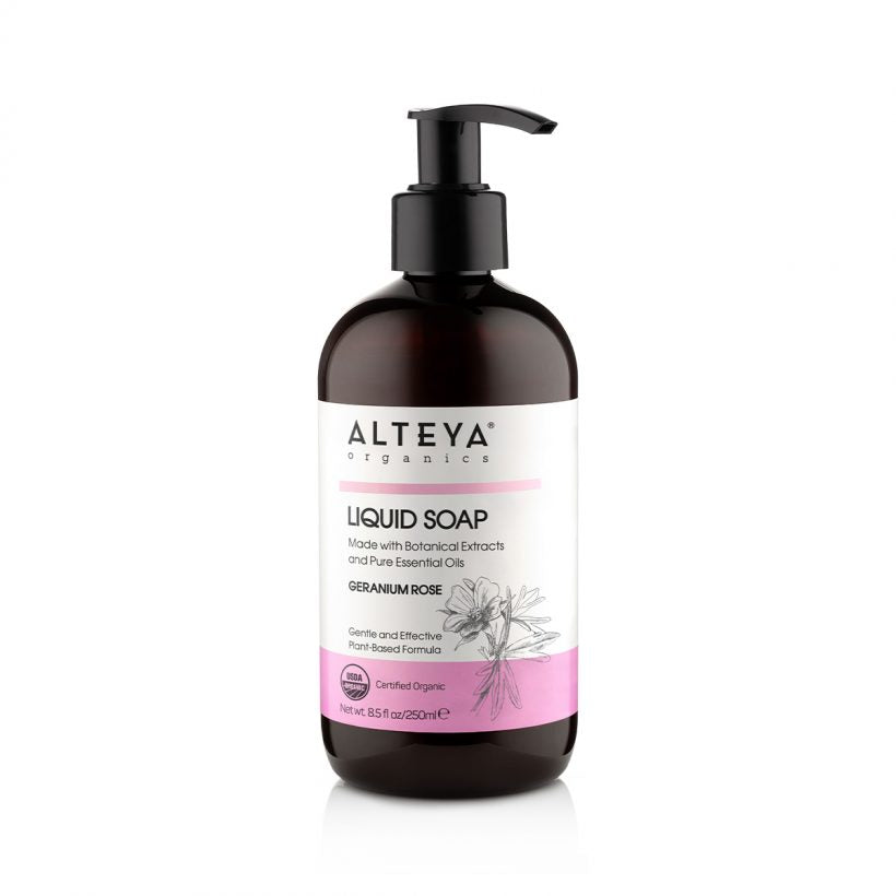 Alteya’s Liquid Soap, with its mild formula, gently cleanses skin without over-drying.  Formulated with an organic blend of moisturizing and skin-conditioning ingredients and aromatic essential oils, this gentle soap helps maintain the natural moisture balance of the skin.